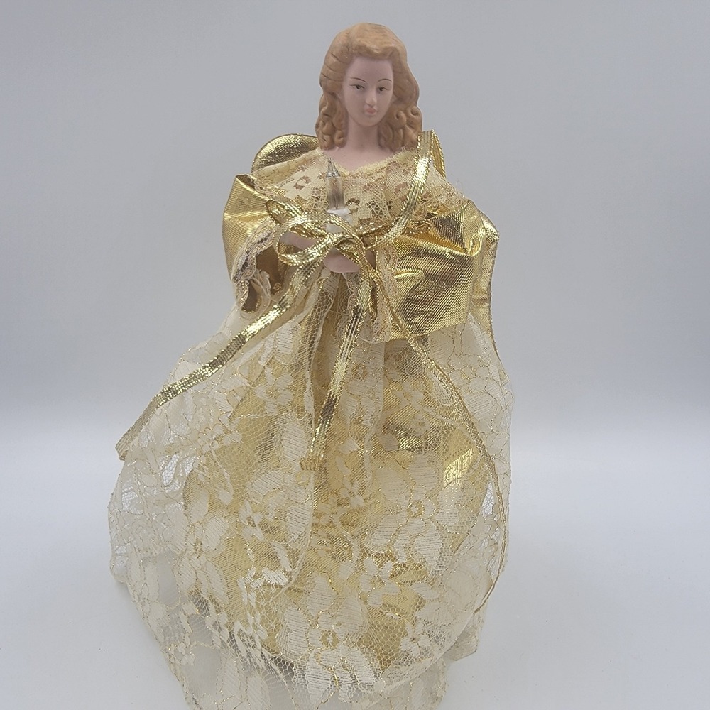 Victorian-style Tree Topper Porcelain Head Angel 9" Holidays  Gold LaceRomantic